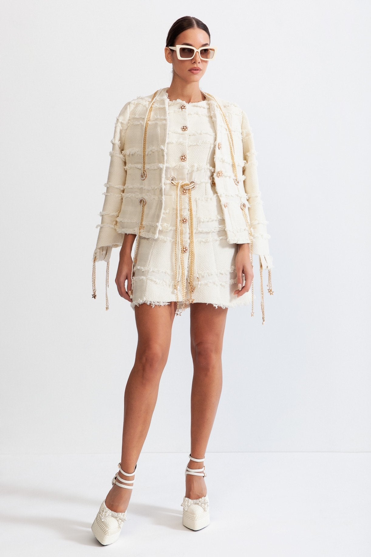 LILOU Pearl Chain Tweed Blazer - Beige