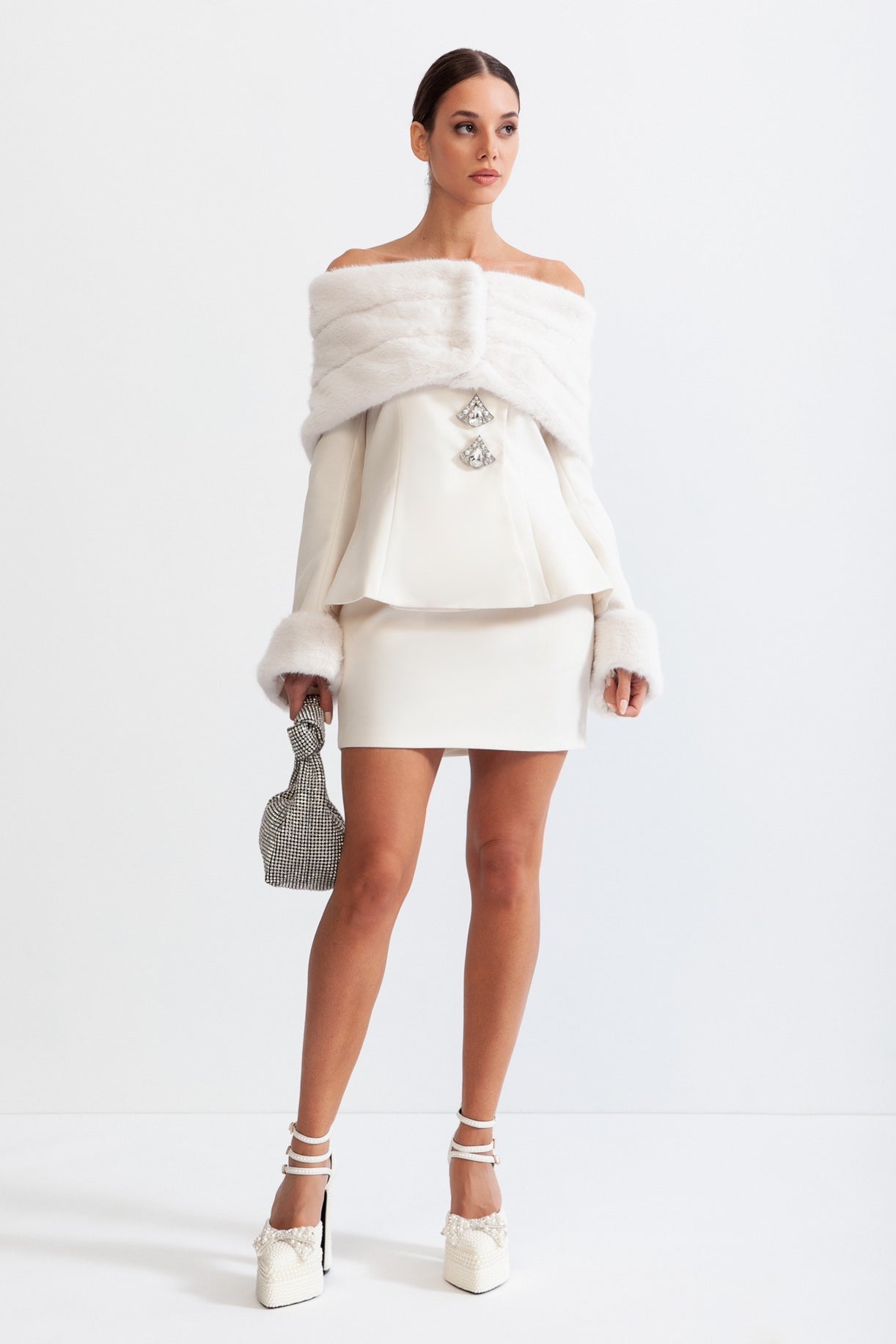 MANETTE  Off The Shoulder Co-Ord with Faux Fur - White