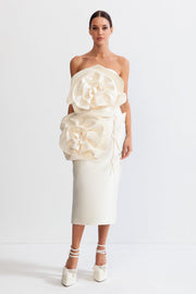 GENEVA 3D Voluminous Flower Design Midi Dress - Ivoire White