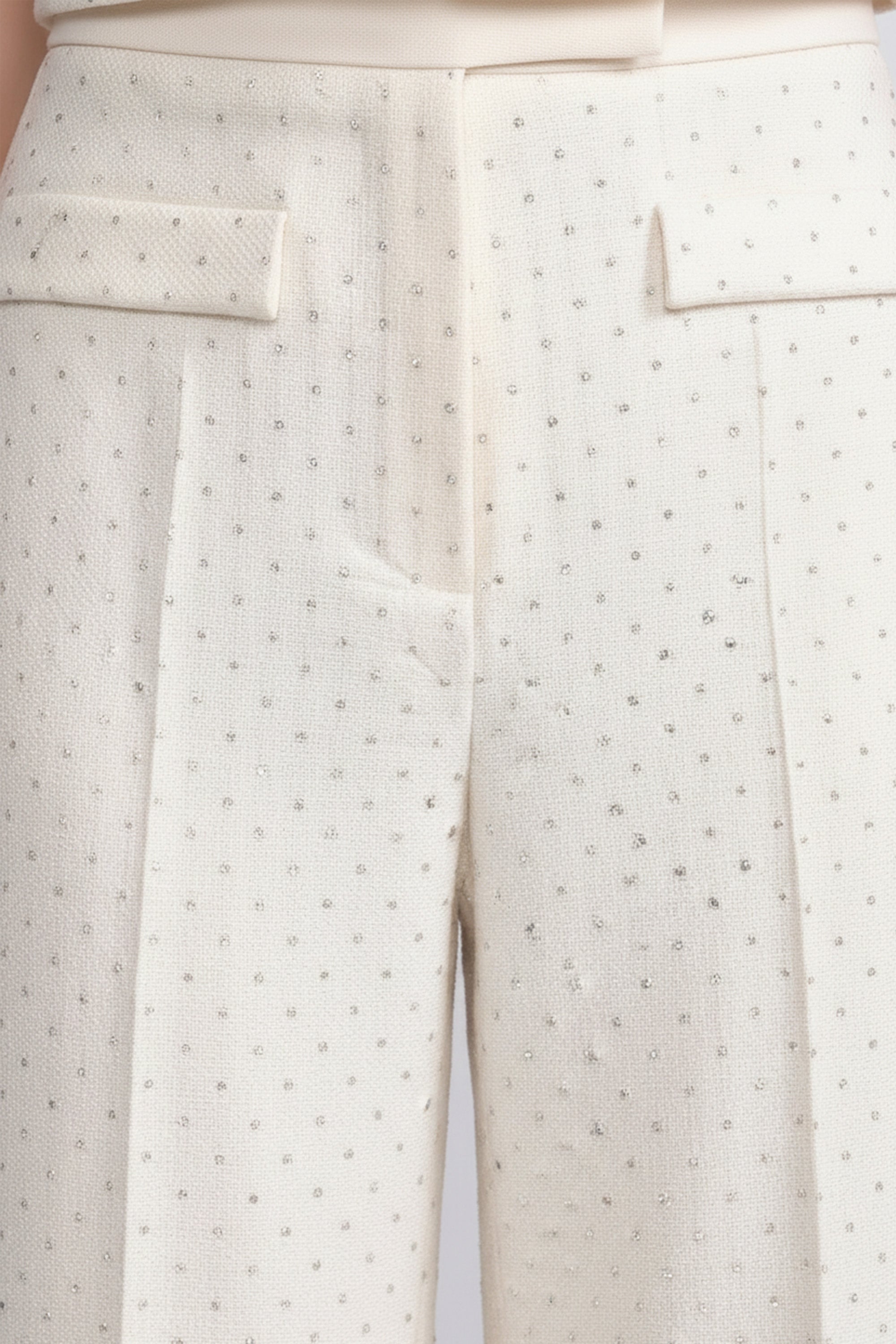 Wide-Leg Embellished Tweed Trousers With Patch Pockets - Ivoire