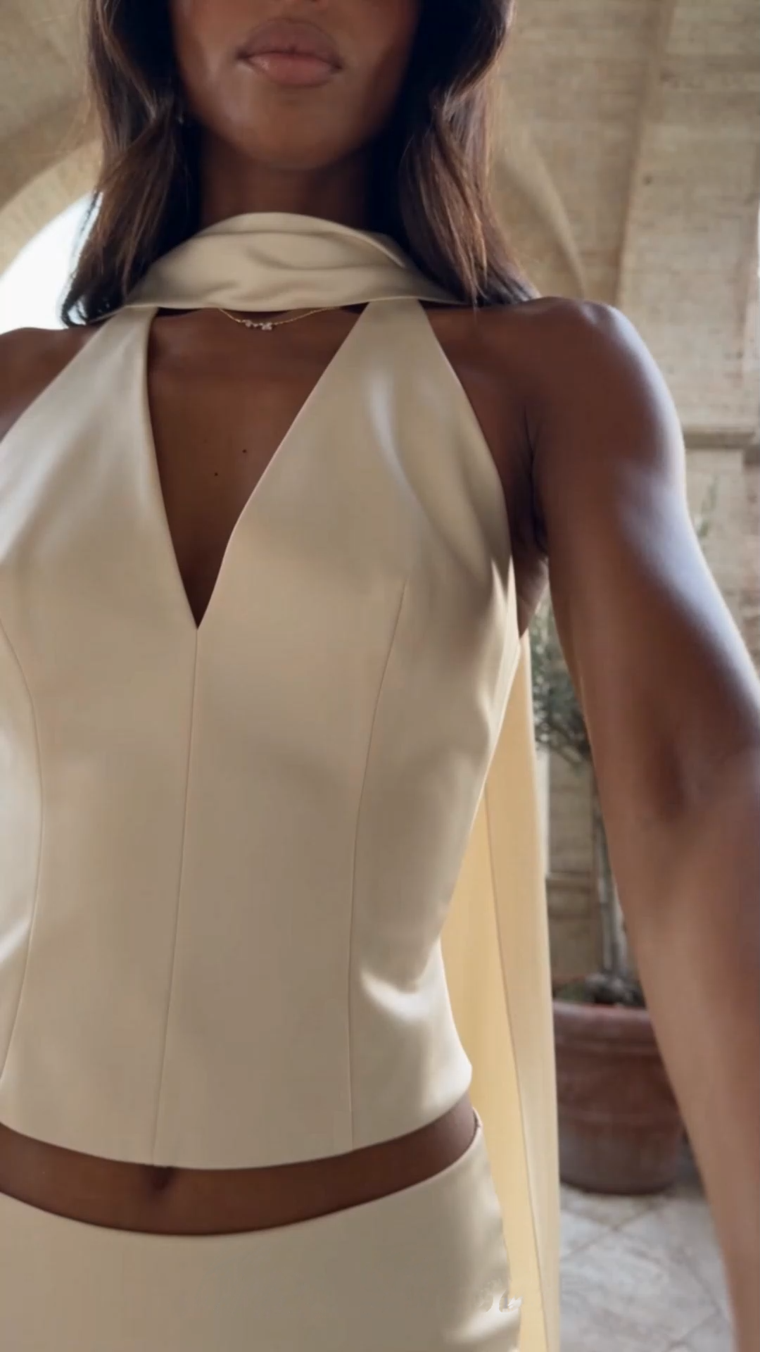 querubina ivory plunge neck satin top & skirt set