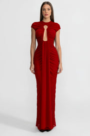 Draped Cut-Out Gown With Gathered Detailing  – Red