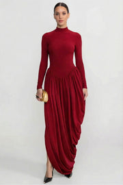 Long Sleeve Maxi Dress With Draped Skirt - Red