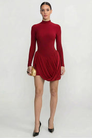 Long Sleeve Mini Dress With Draped Bubble Skirt - Red