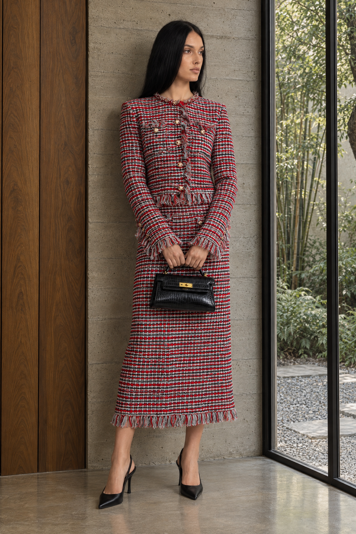 Madeleine Red Multi Fringed Tweed Jacket and Midi Skirt Co-ord Set