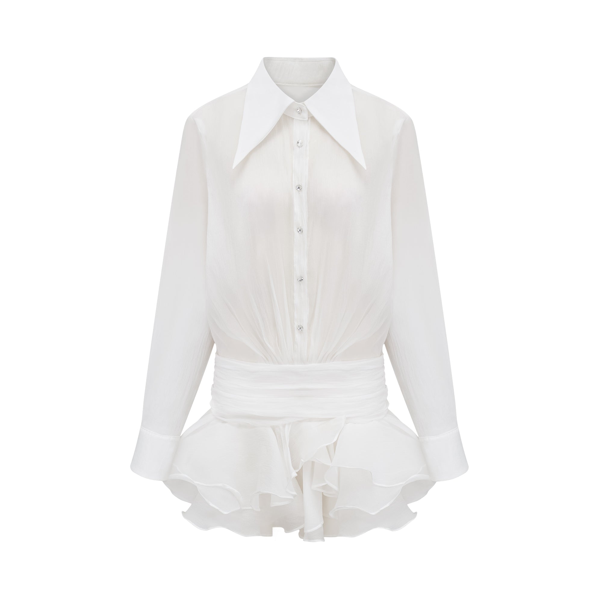 Renée white ruffled mini shirt dress