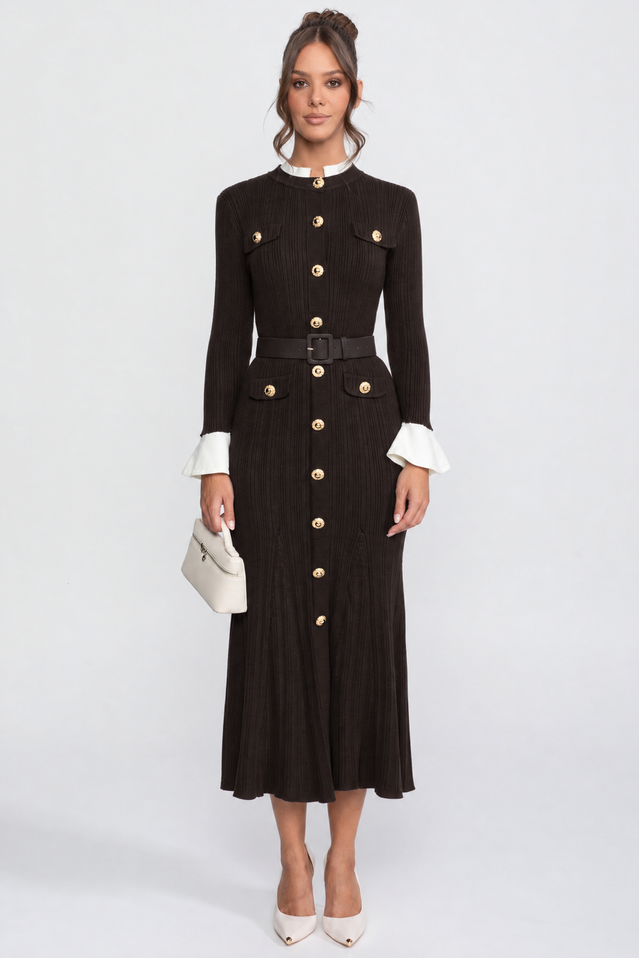 Marianne Brown Ribbed Knit Belted Midi Dress With White Cuffs And Collar