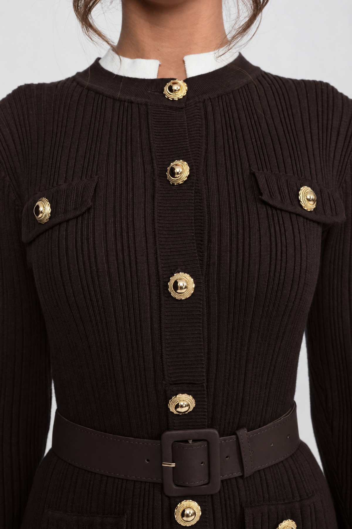 Marianne Brown Ribbed Knit Belted Midi Dress With White Cuffs And Collar