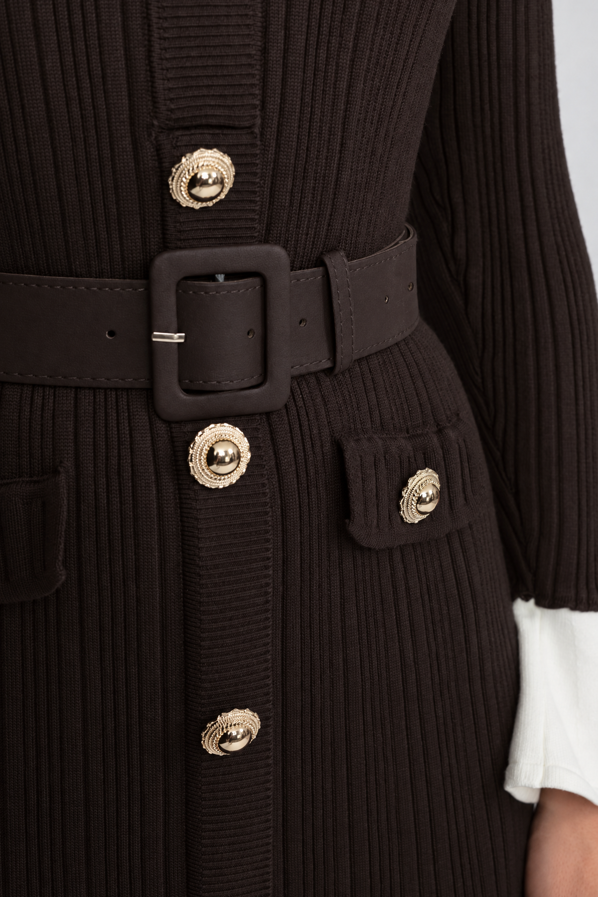 Marianne Brown Ribbed Knit Belted Midi Dress With White Cuffs And Collar