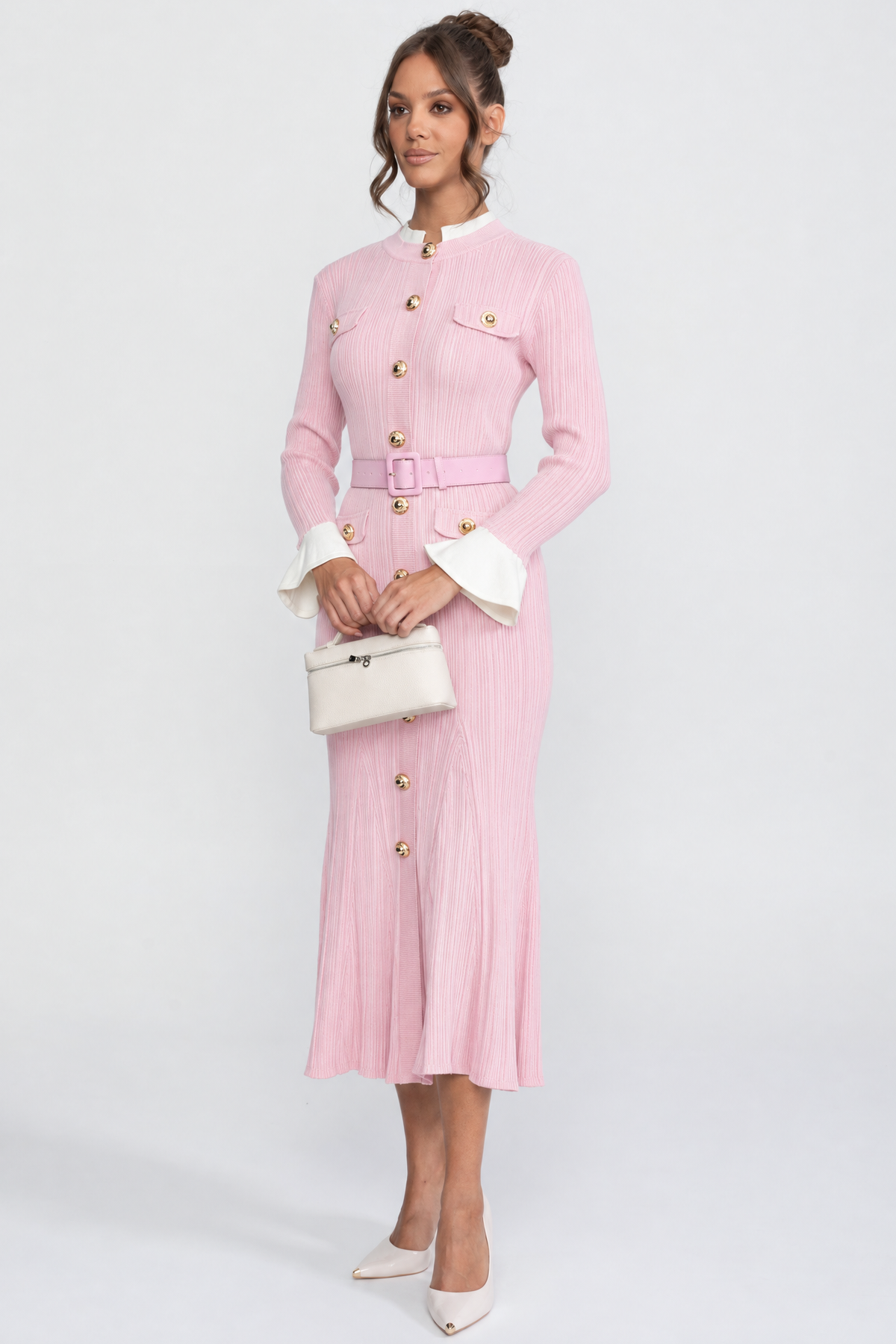 Marianne Pink Ribbed Knit Belted Midi Dress With White Cuffs And Collar