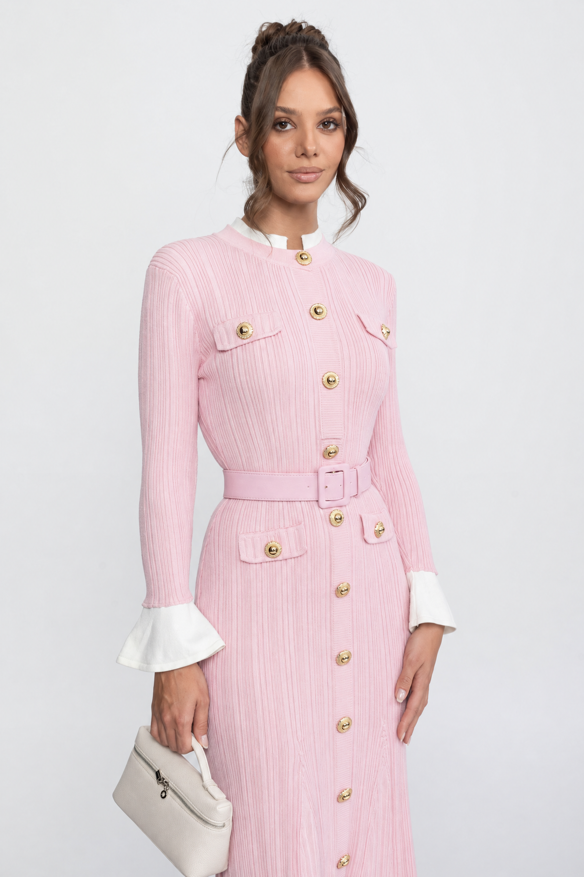 Marianne Pink Ribbed Knit Belted Midi Dress With White Cuffs And Collar