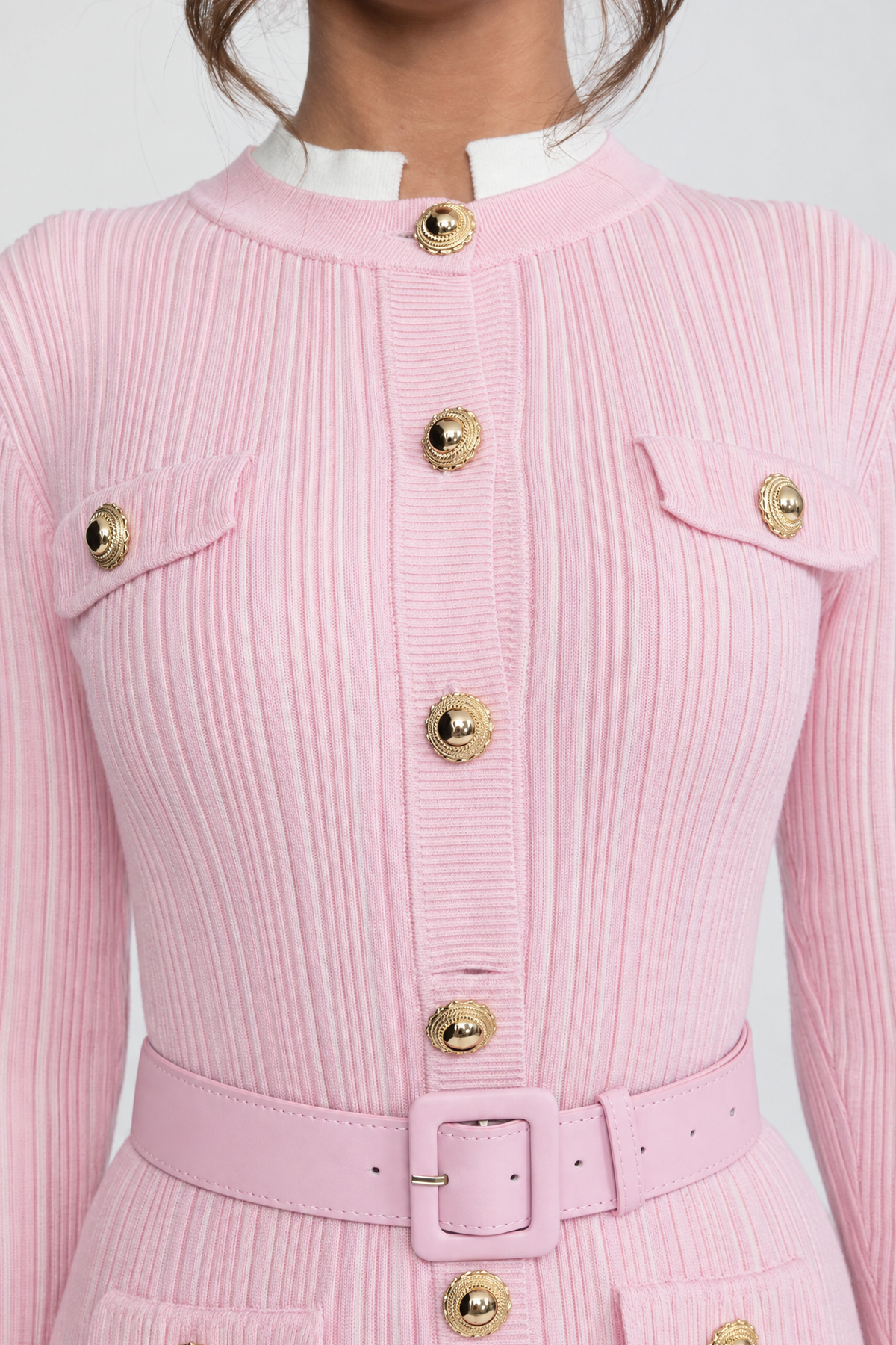 Marianne Pink Ribbed Knit Belted Midi Dress With White Cuffs And Collar