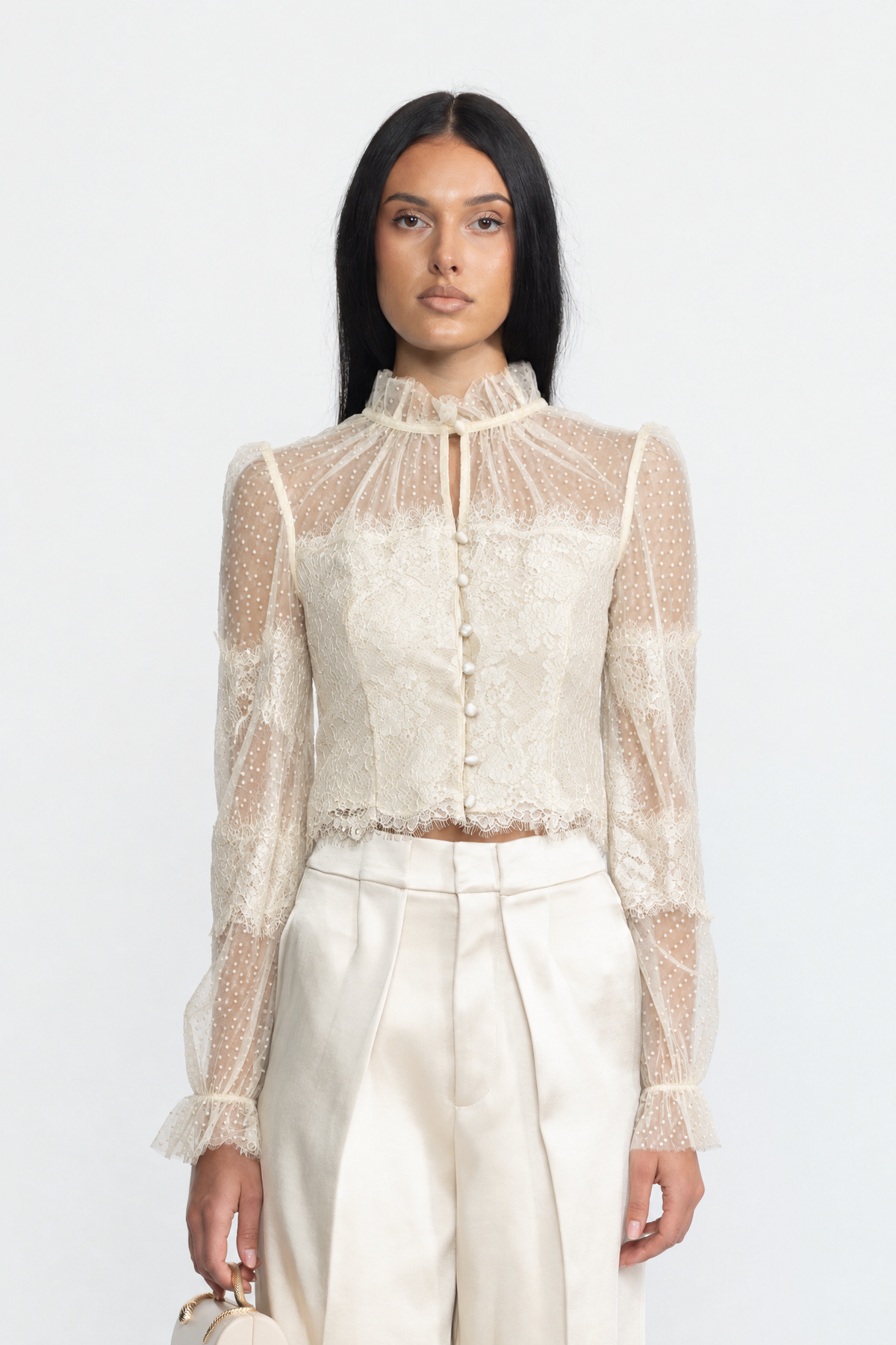 Valentina Ivoire Ruffle Neck Lace And Dot Mesh Cropped Blouse