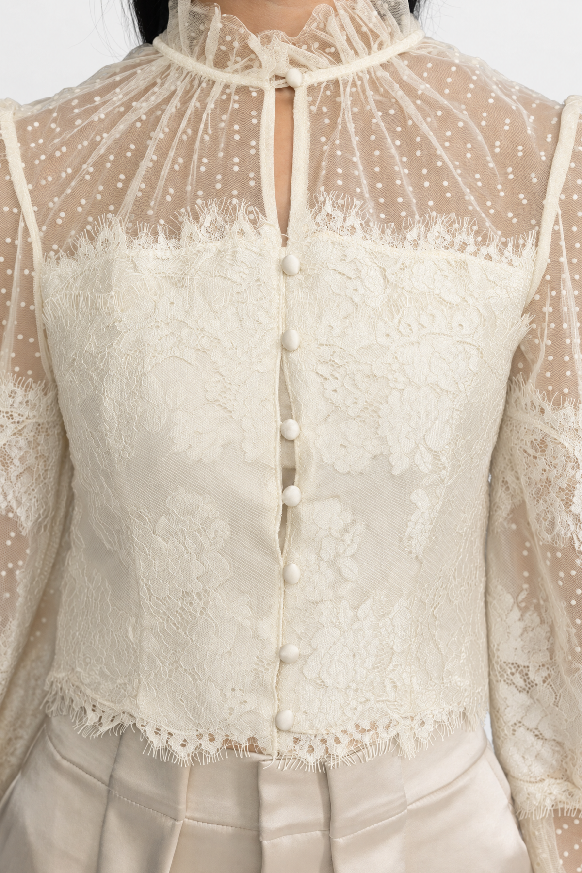 Valentina Ivoire Ruffle Neck Lace And Dot Mesh Cropped Blouse
