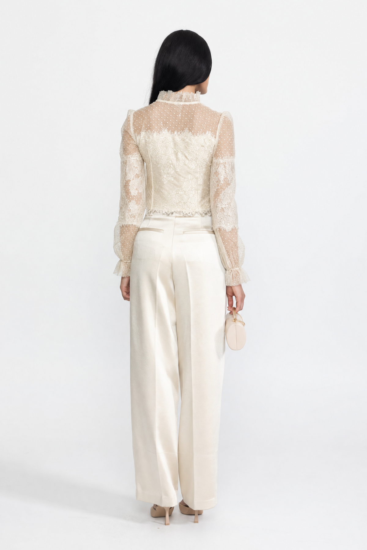 Valentina Ivoire Ruffle Neck Lace And Dot Mesh Cropped Blouse