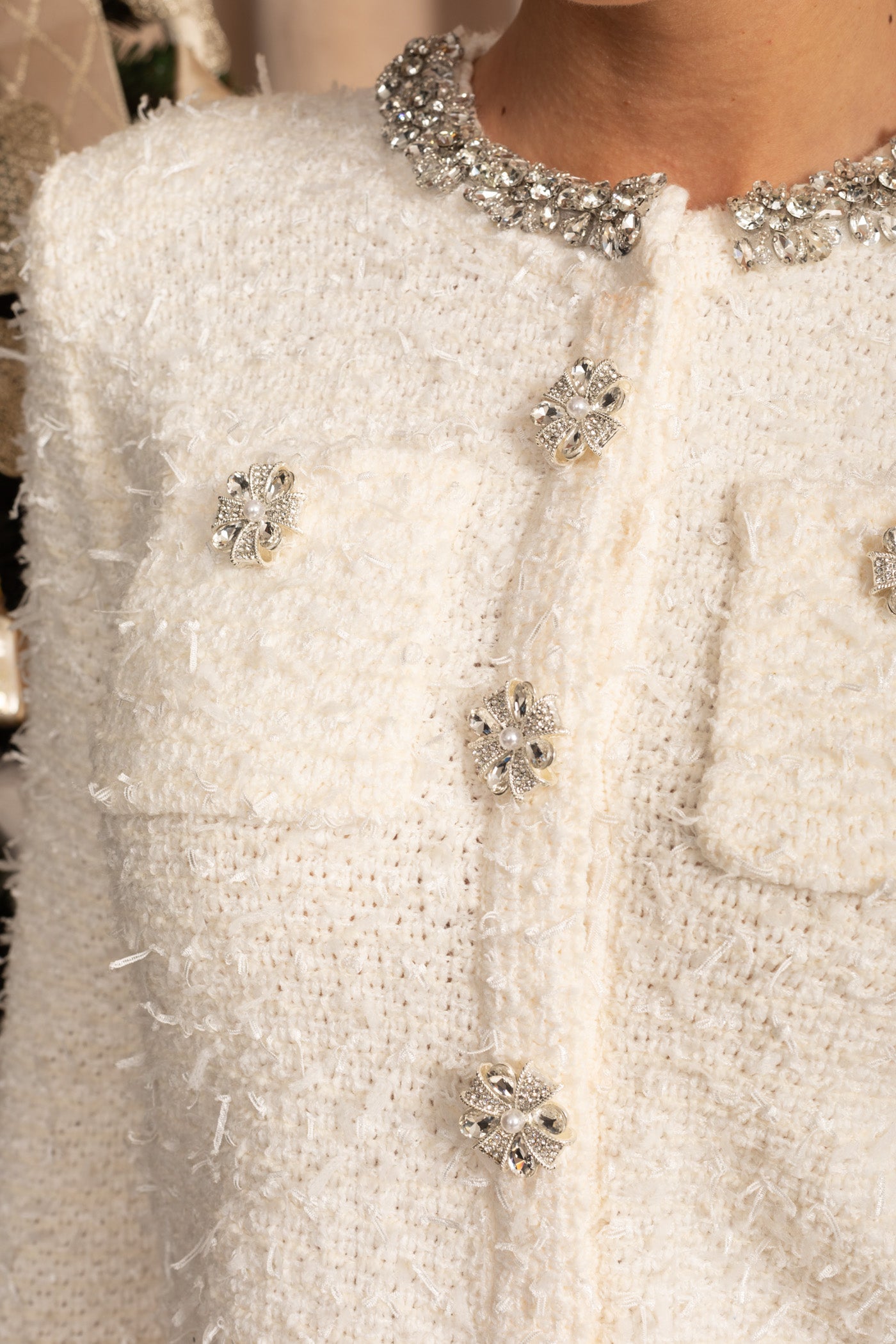 Tweed Blazer With Crystal Embellishments And Buttons - Ivoire