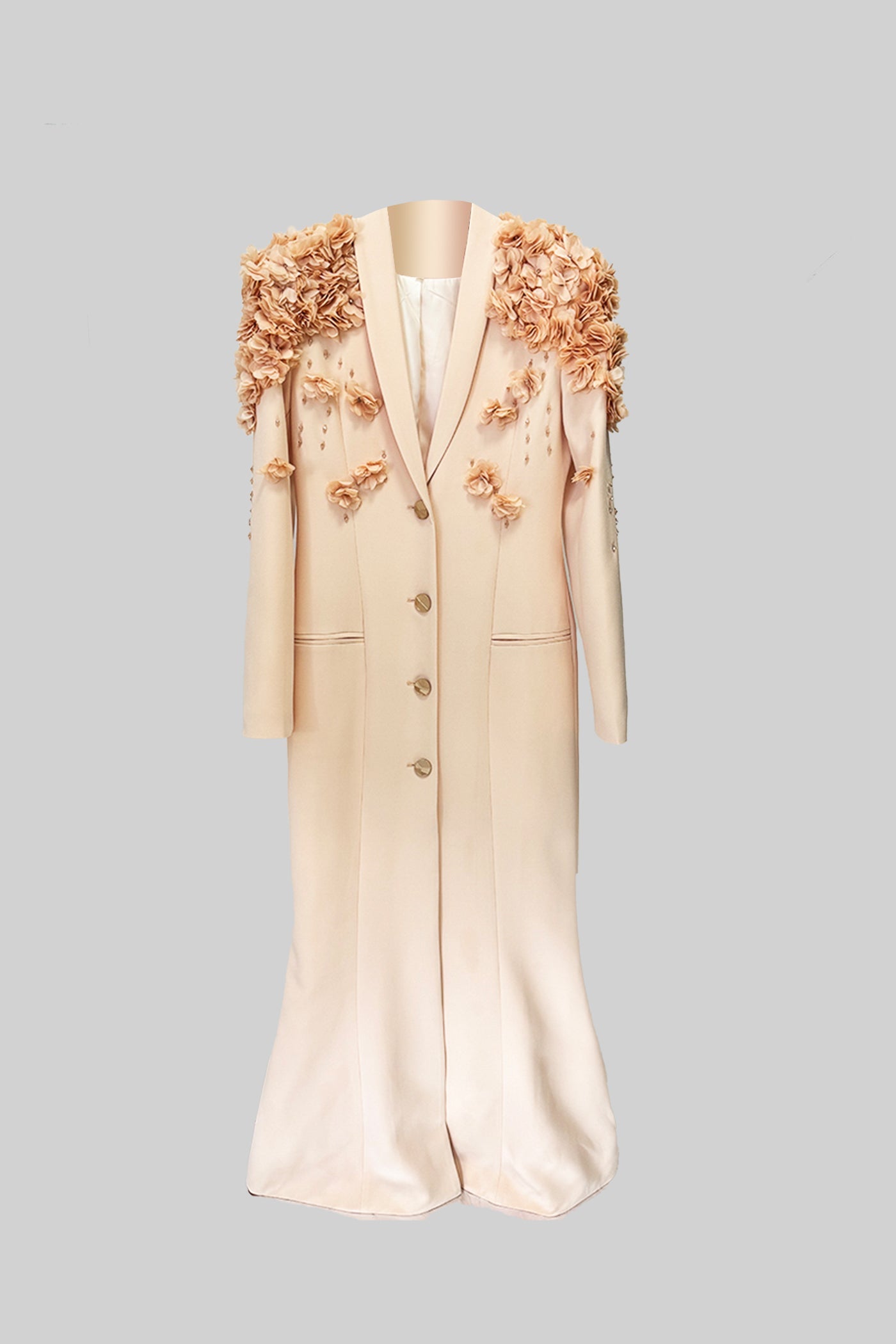Long Overcoat With 3D Contrasting Floral Shoulder And Back Accents - Peach