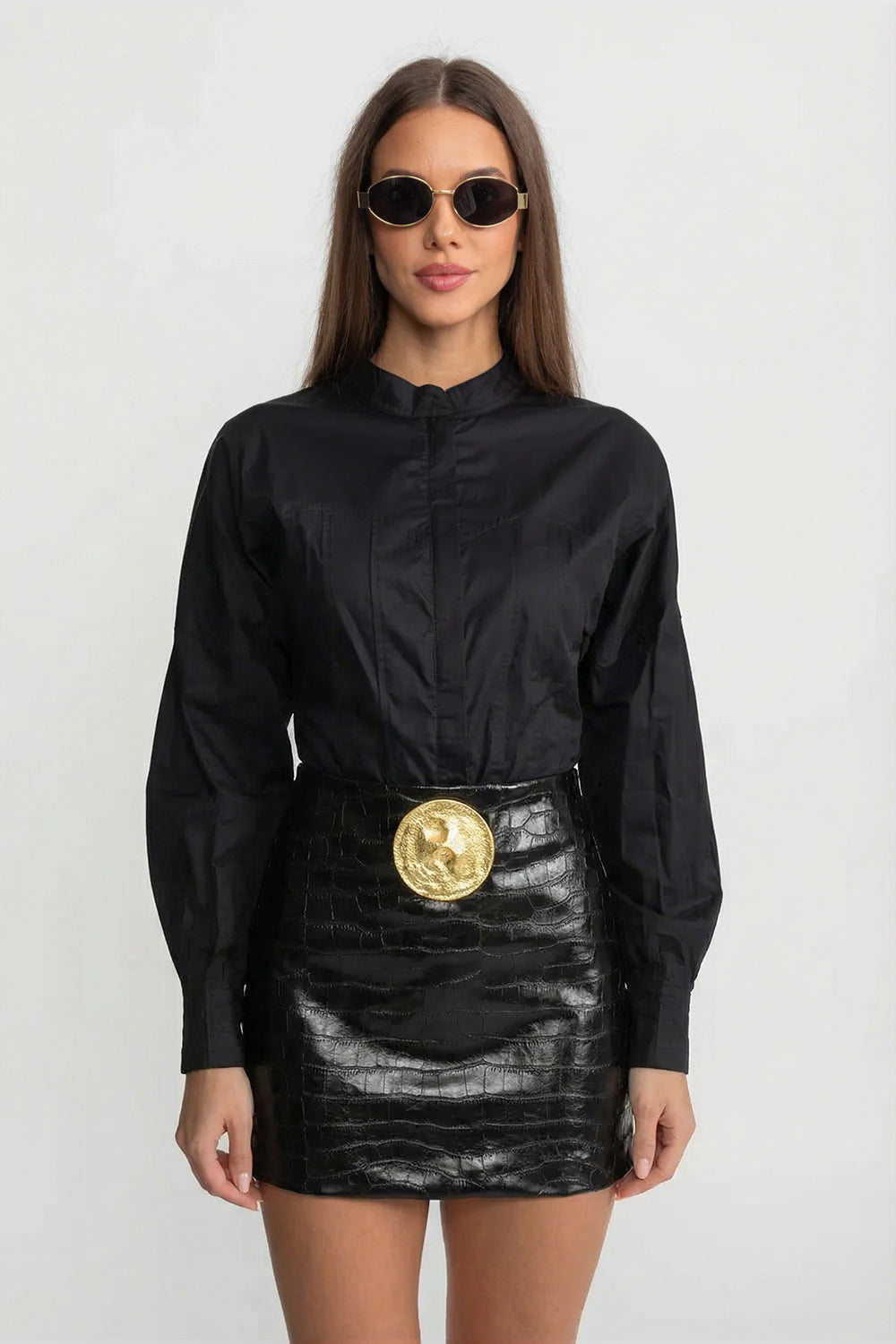 Croc-Effect Mini Skirt With Statement Gold Button  - Black