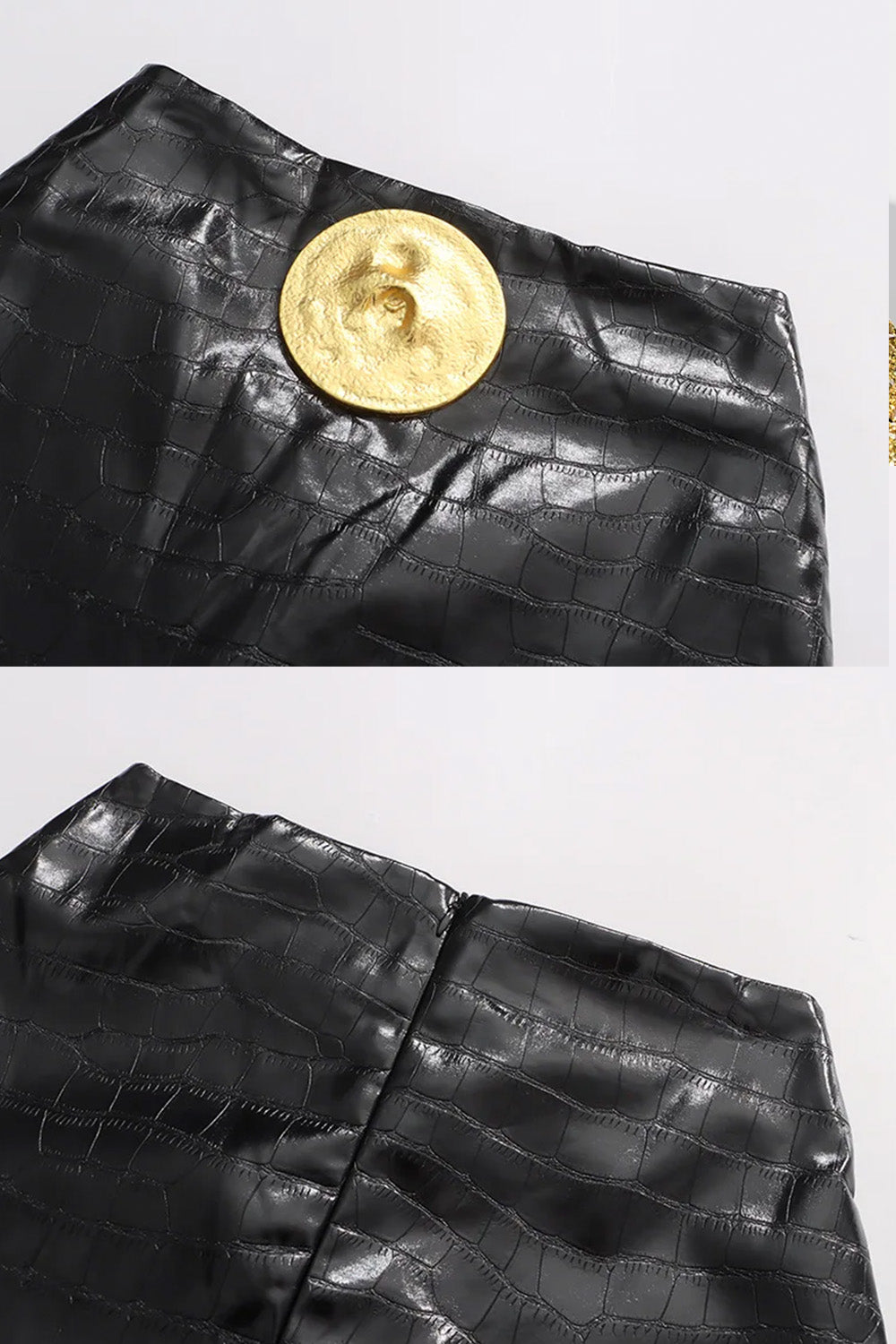 Croc-Effect Mini Skirt With Statement Gold Button  - Black