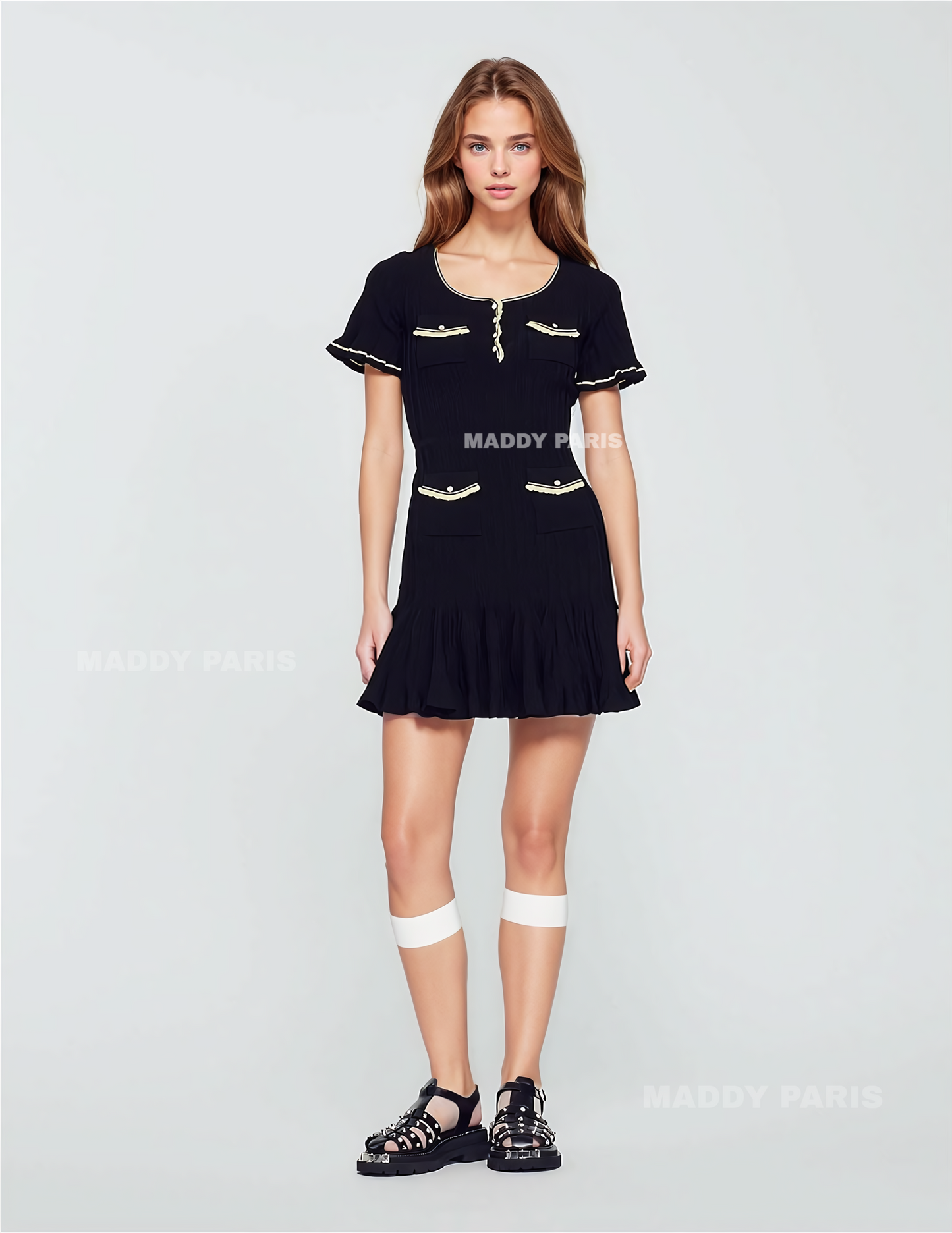 SANDRO  Black Short Mini Dress with Buttons and Contrast Trim - Black