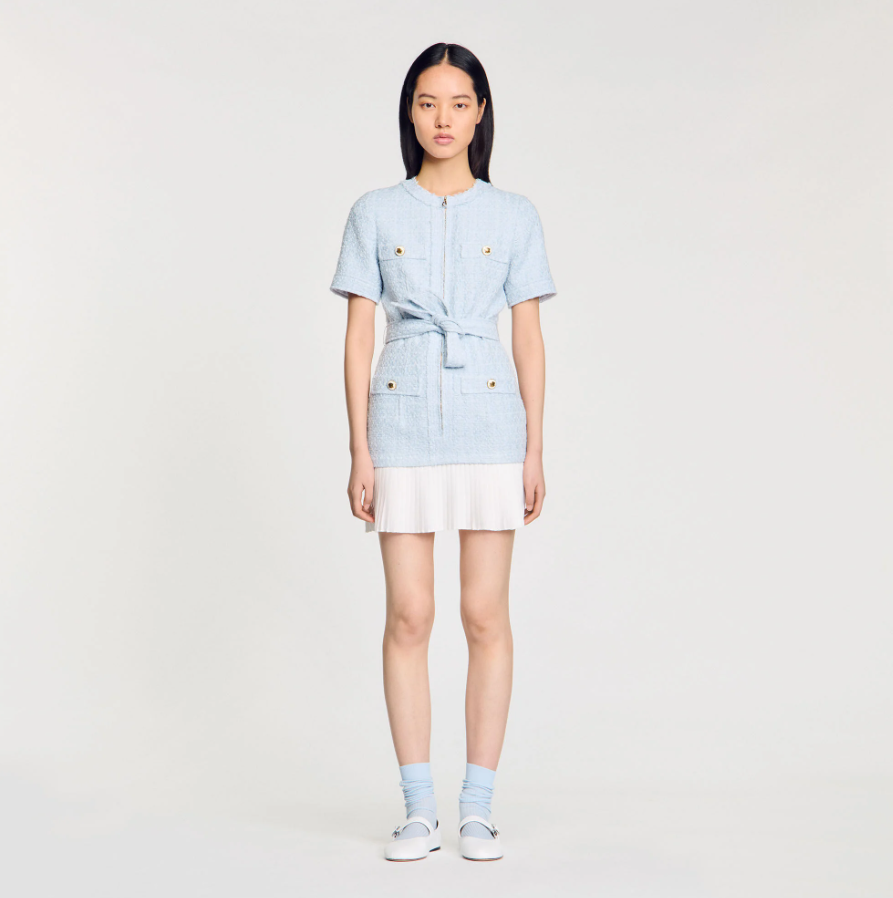 NEW SANDRO  Boucle Pocket Tweed Mini  Dress - Light Blue