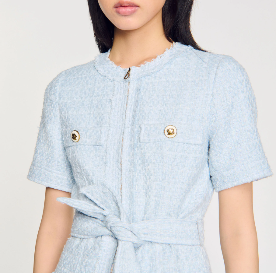 NEW SANDRO  Boucle Pocket Tweed Mini  Dress - Light Blue