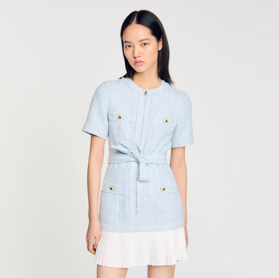 NEW SANDRO  Boucle Pocket Tweed Mini  Dress - Light Blue