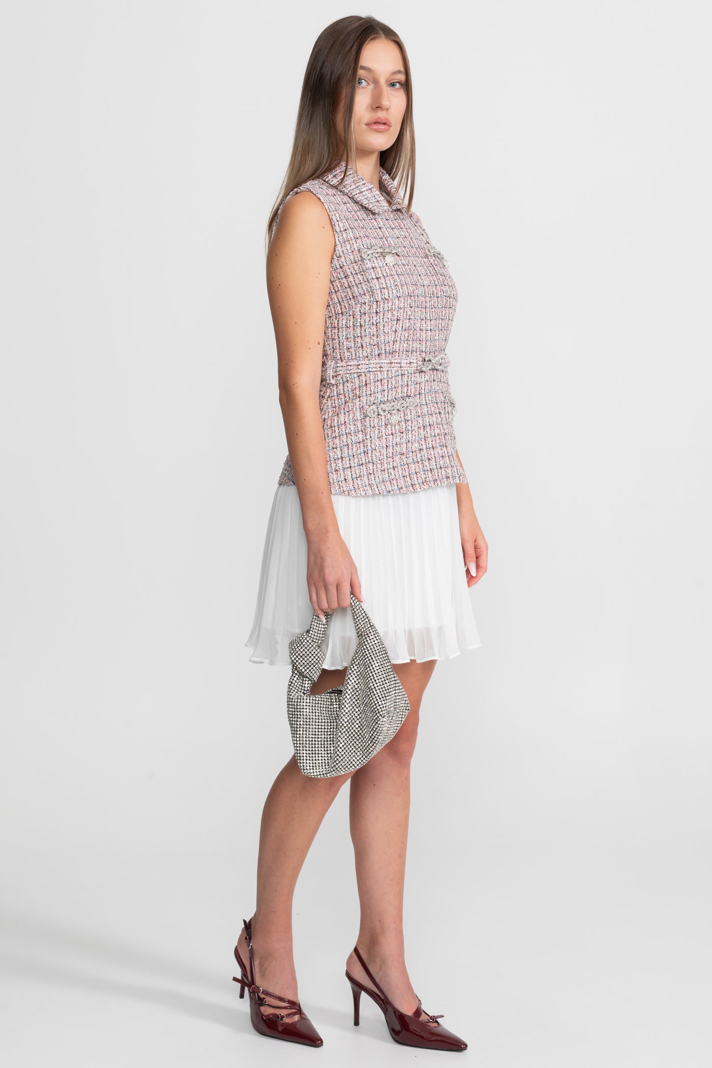 Tweed Vest Dress with Pleated Skirt Detail - Pink/White