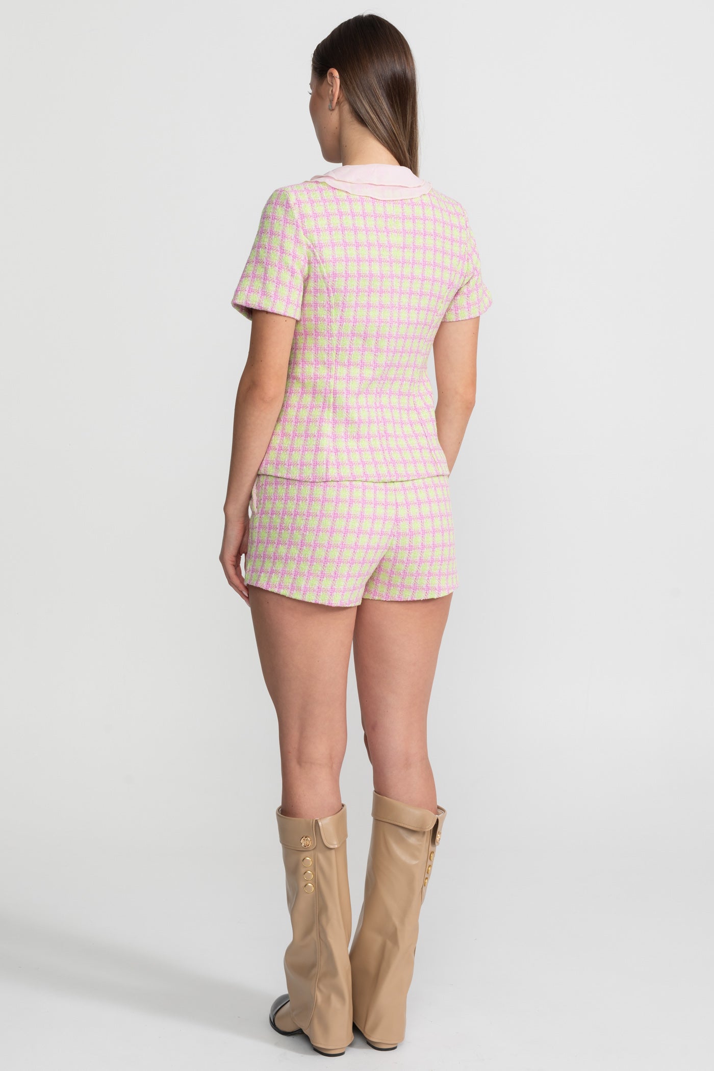 Pastel Tweed Co-ord Set With Satin Collar – Pink & Green