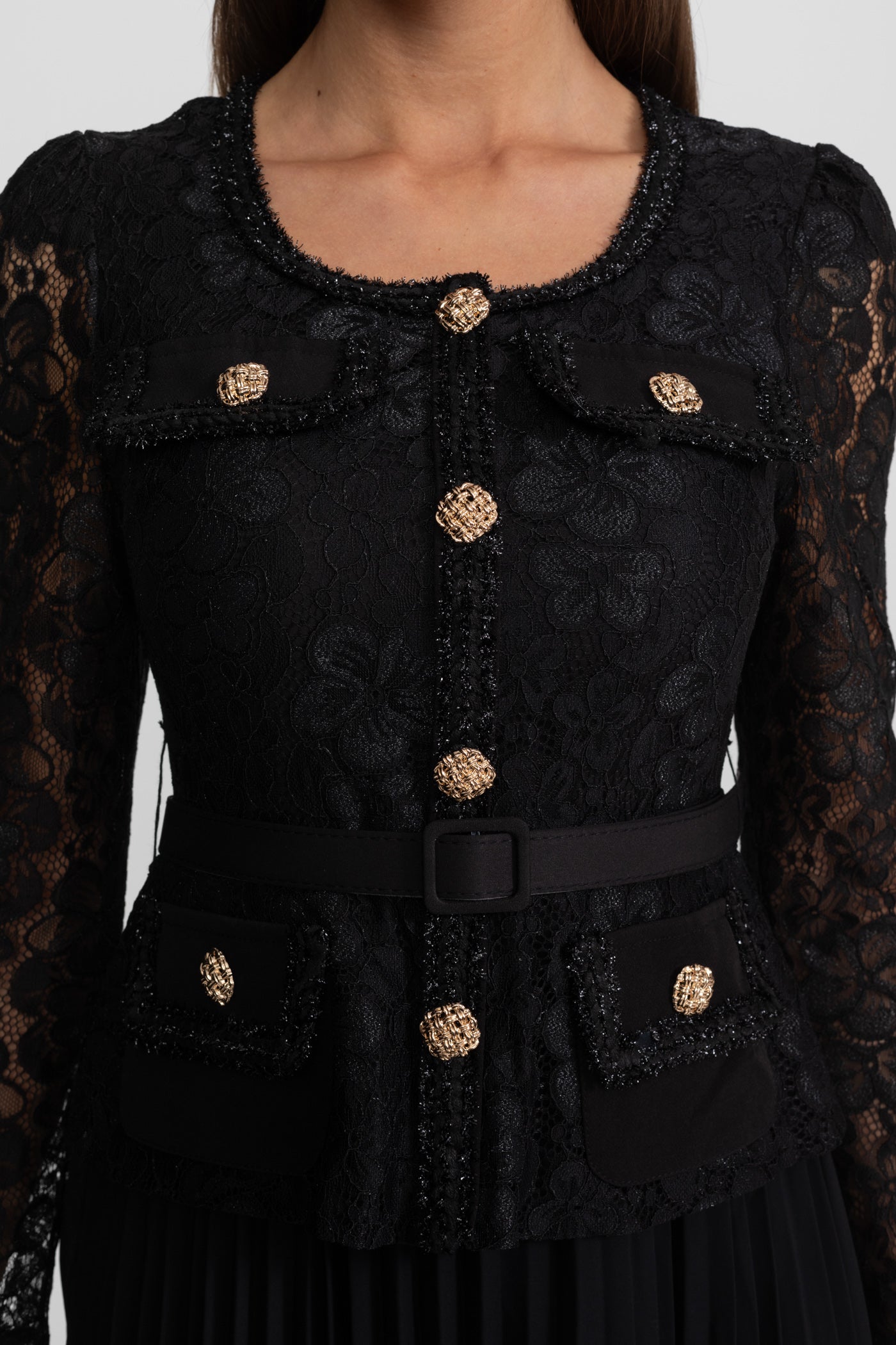 Lace and Pleated Midi Dress with Gold Button Detailing - Black