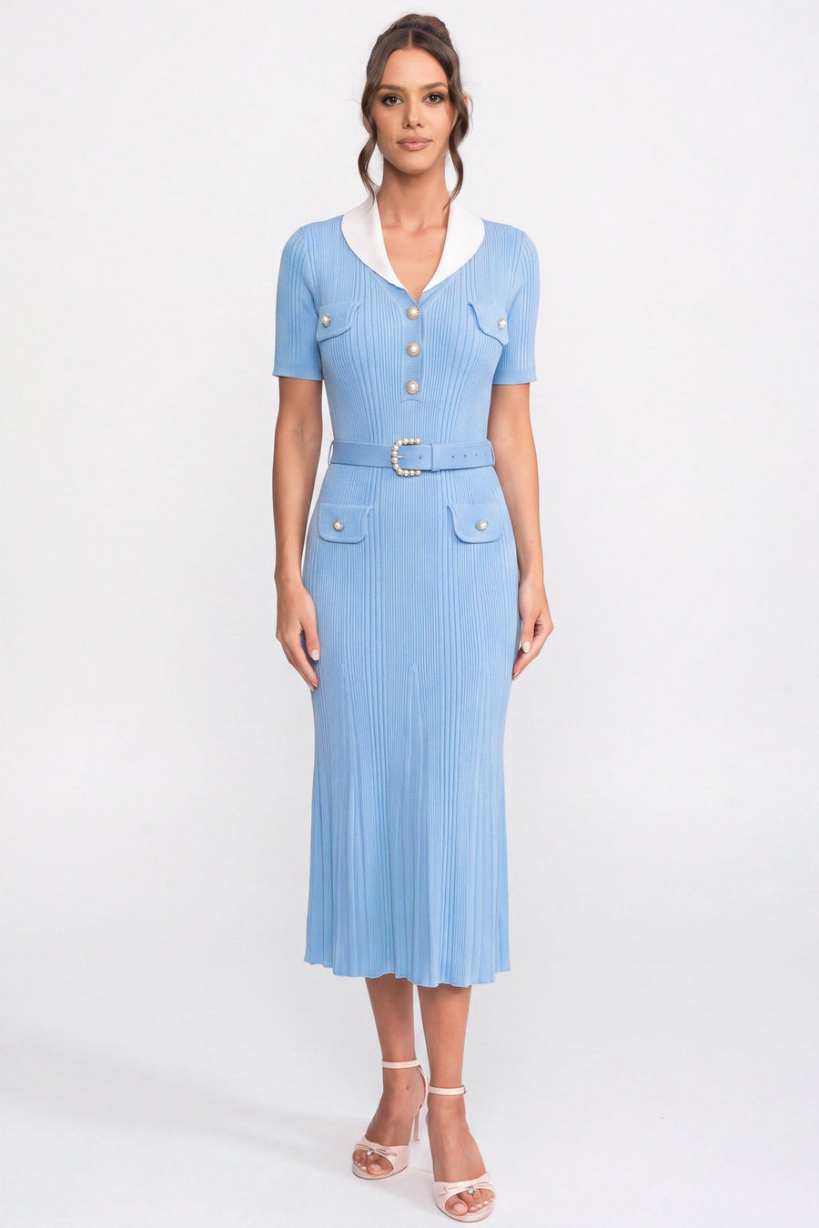 Ophelie Light Blue Ribbed Knit Midi Dress With White Collar And Pearl Belt