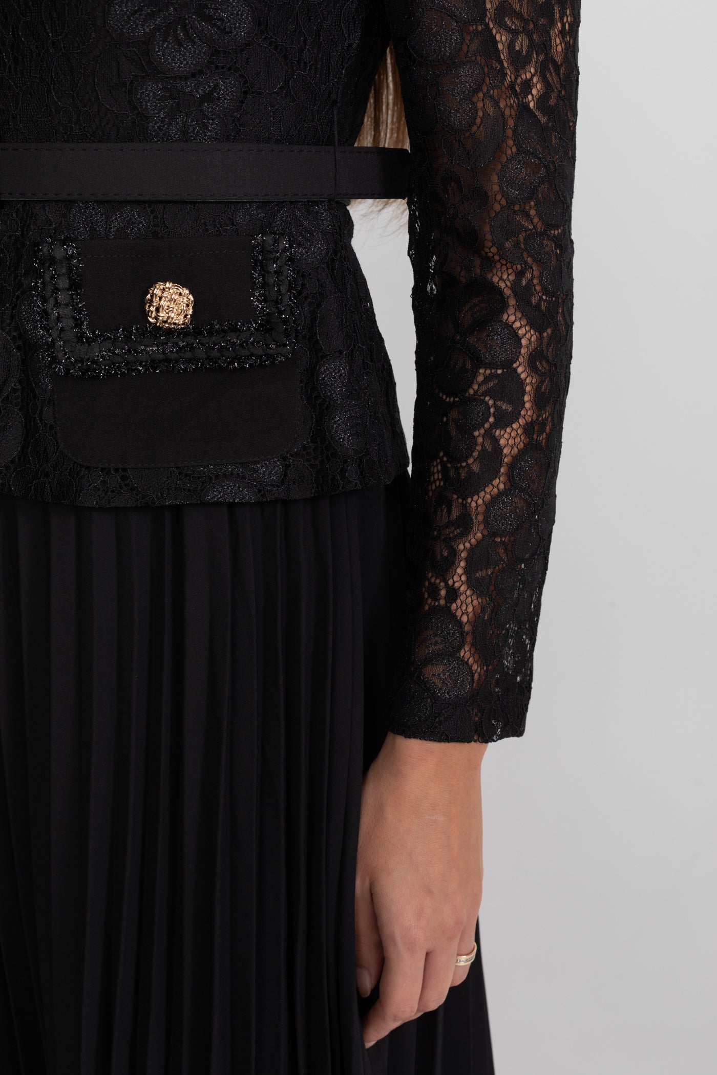 Lace and Pleated Midi Dress with Gold Button Detailing - Black
