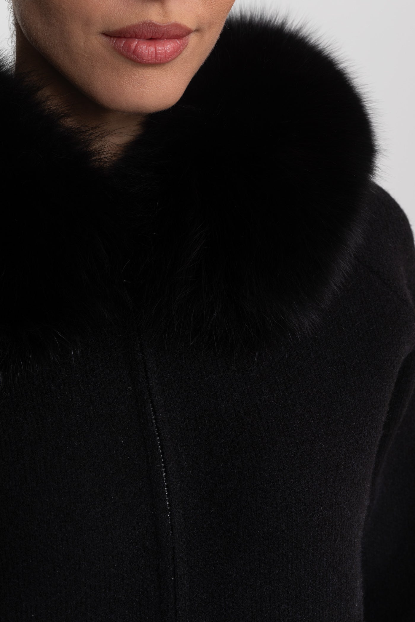 Zip-Up Wool Hoodie With Fox Fur Collar – Black