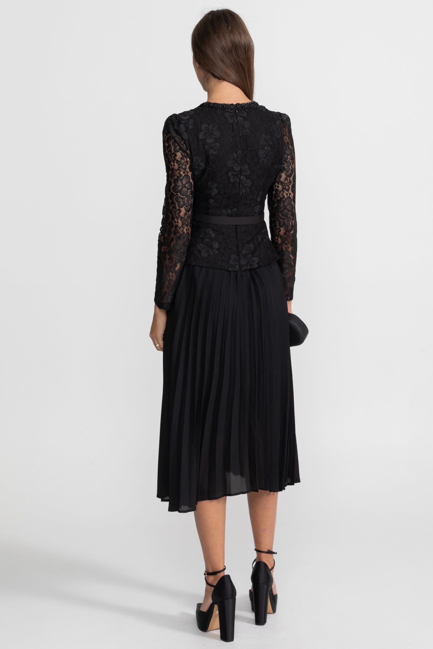 Lace and Pleated Midi Dress with Gold Button Detailing - Black