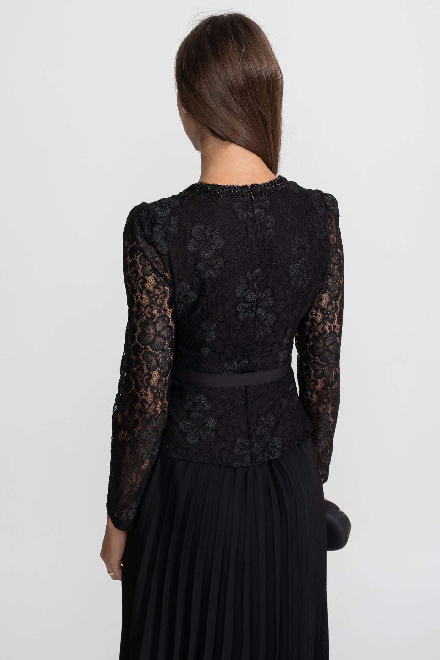 Lace and Pleated Midi Dress with Gold Button Detailing - Black