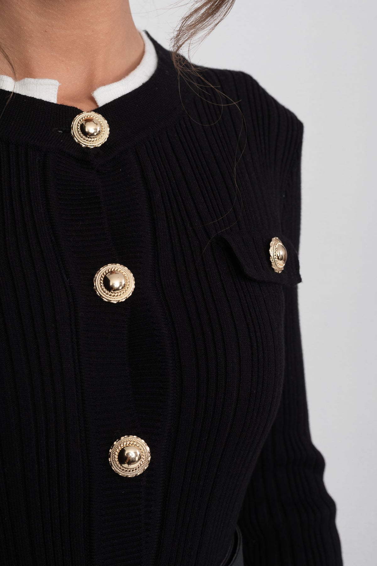 Ottilie Black Ribbed Knit Midi Dress With White Cuffs And Collar