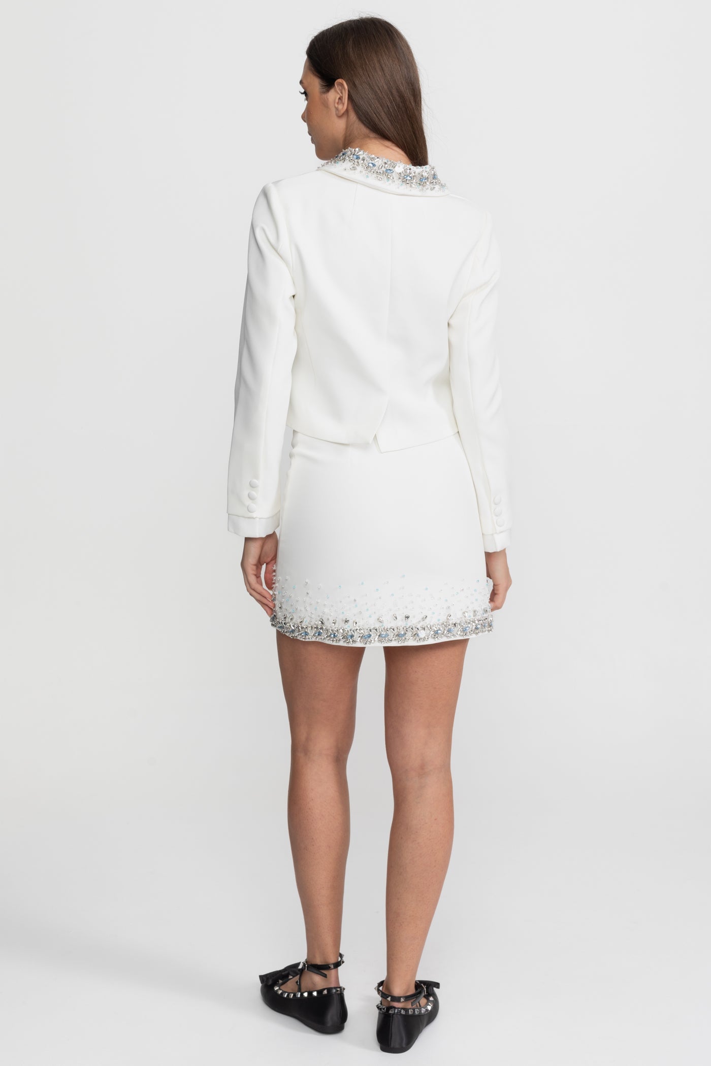 Mini Skirt with Crystal Embellished Hem – White
