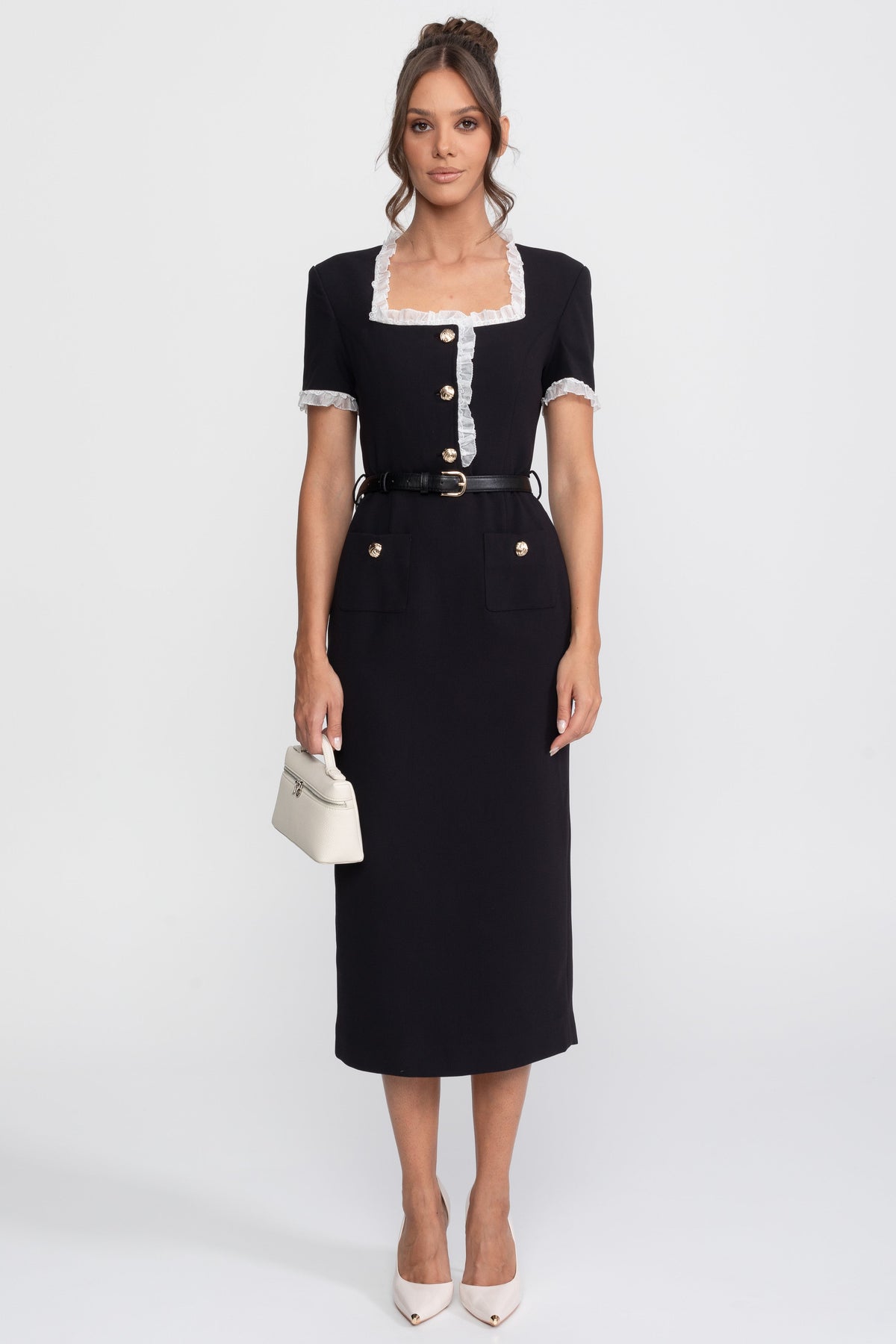 Square Neck Belted Midi Dress With White Ruffle Trim - Black