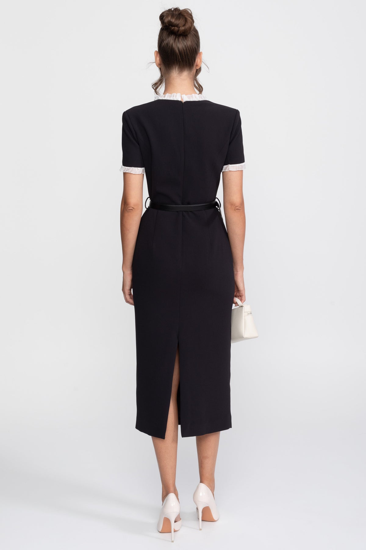 Square Neck Belted Midi Dress With White Ruffle Trim - Black