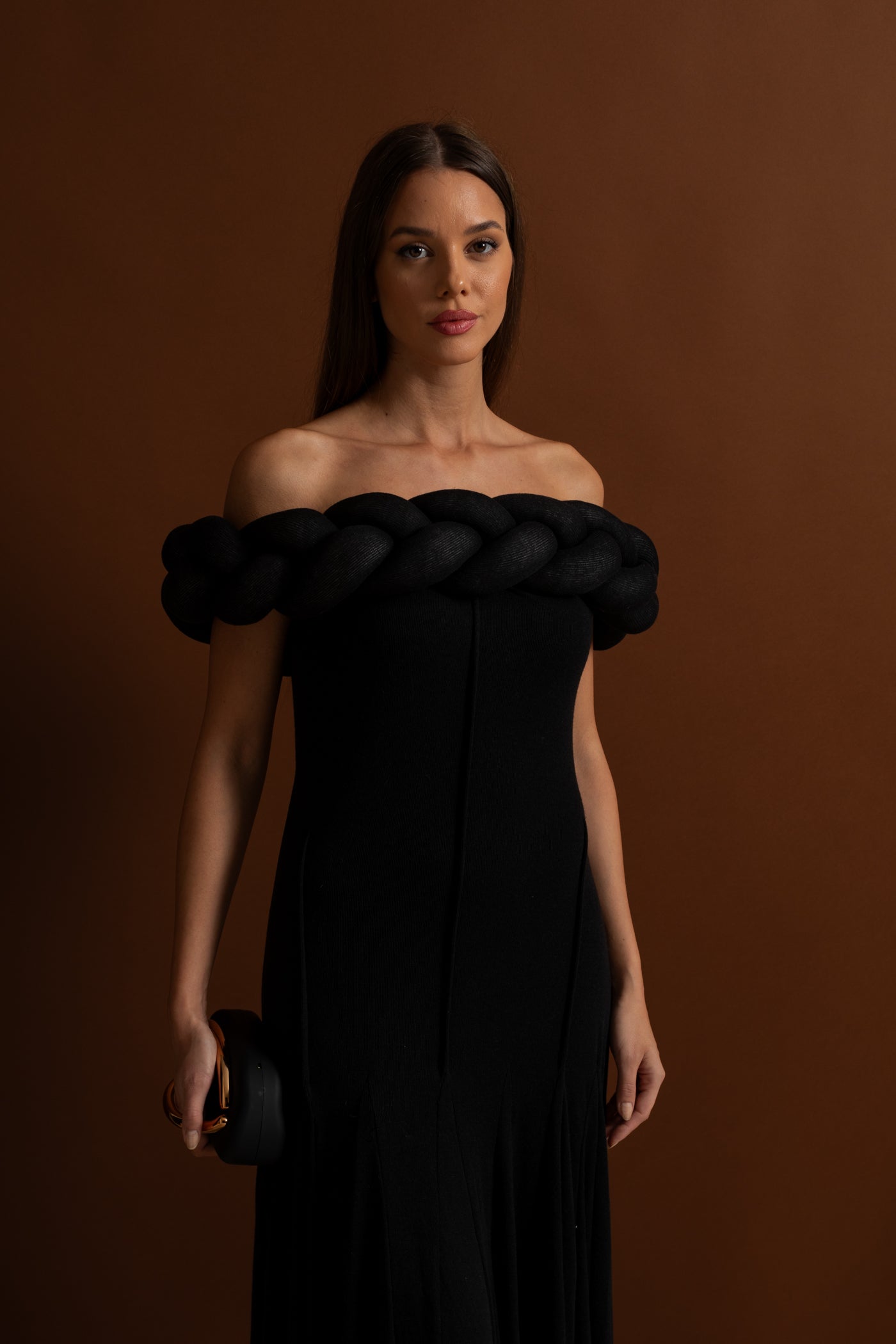 Off-Shoulder Braided Neckline Maxi Dress – Black