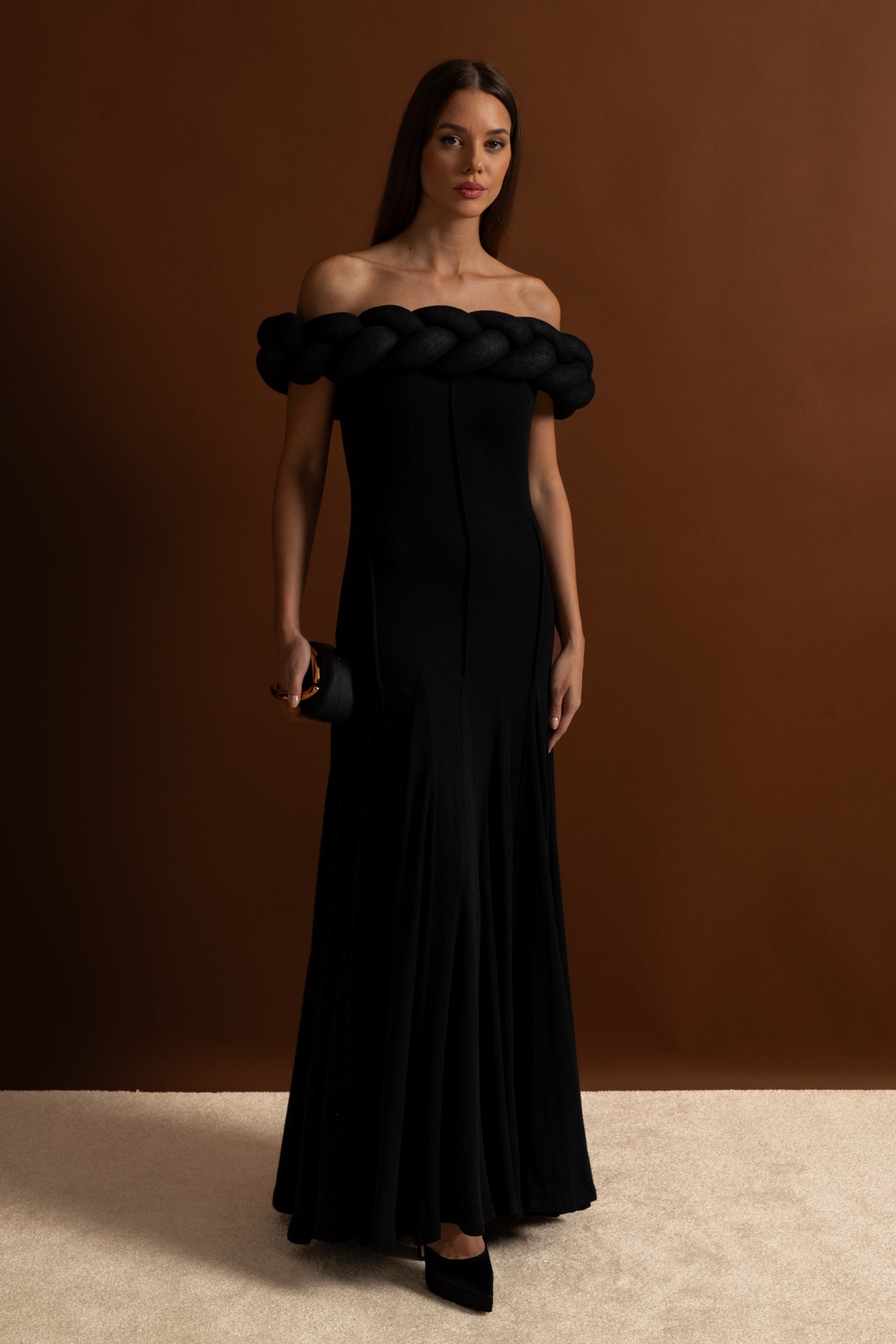 Off-Shoulder Braided Neckline Maxi Dress – Black