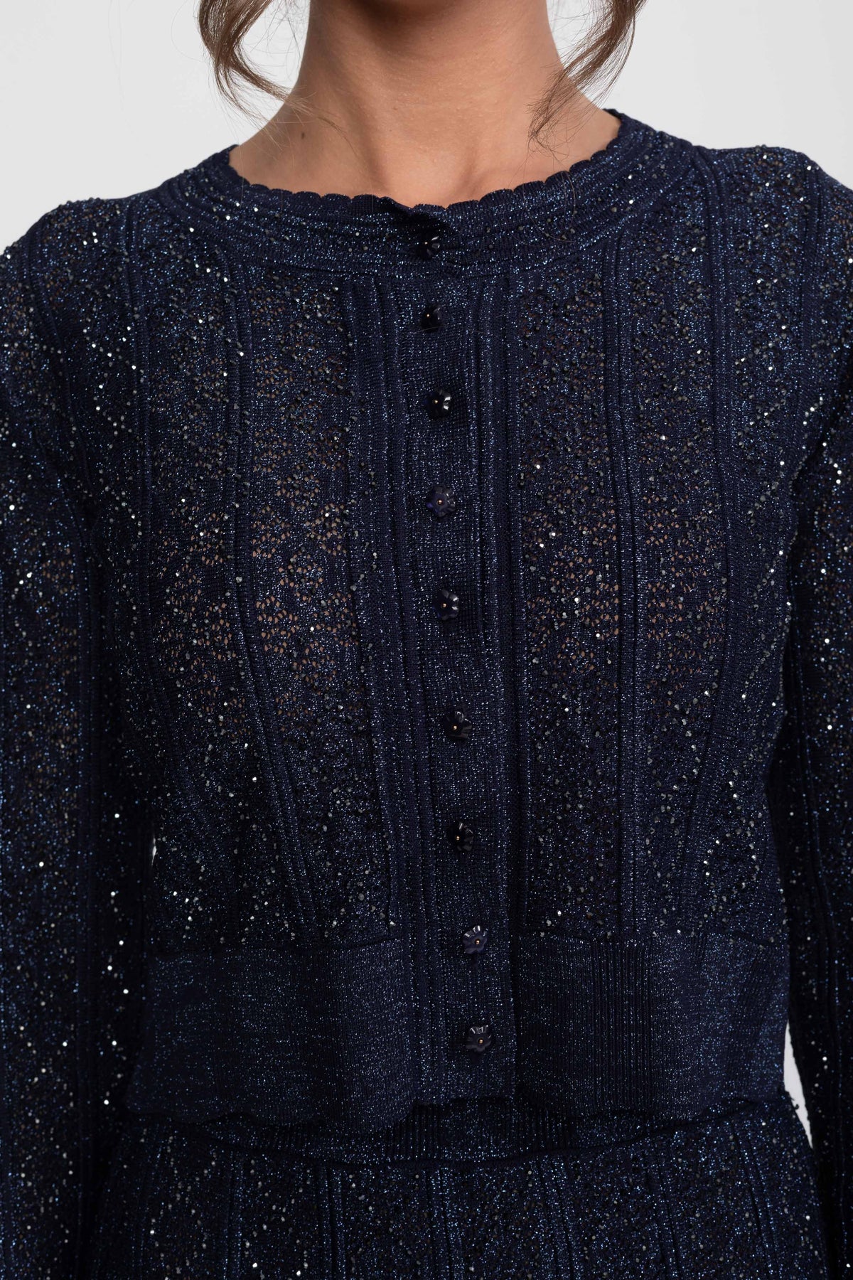 Long-Sleeve Diamond-Pattern Lace Co-Ord Set With Maxi Skirt - Navy