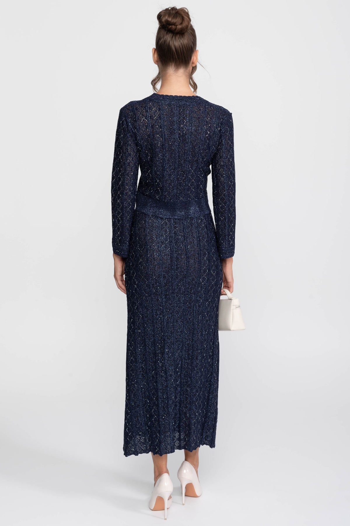 Long-Sleeve Diamond-Pattern Lace Co-Ord Set With Maxi Skirt - Navy