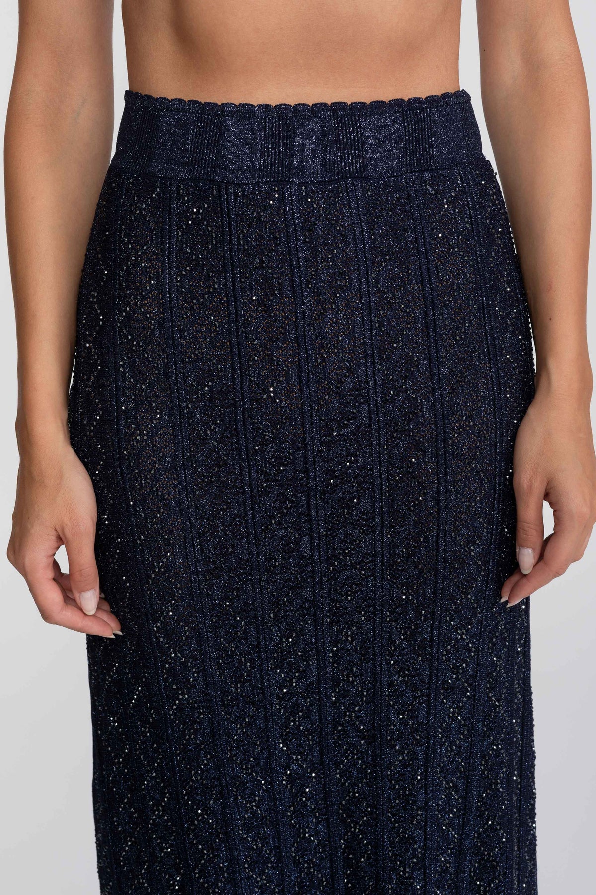 Long-Sleeve Diamond-Pattern Lace Co-Ord Set With Maxi Skirt - Navy