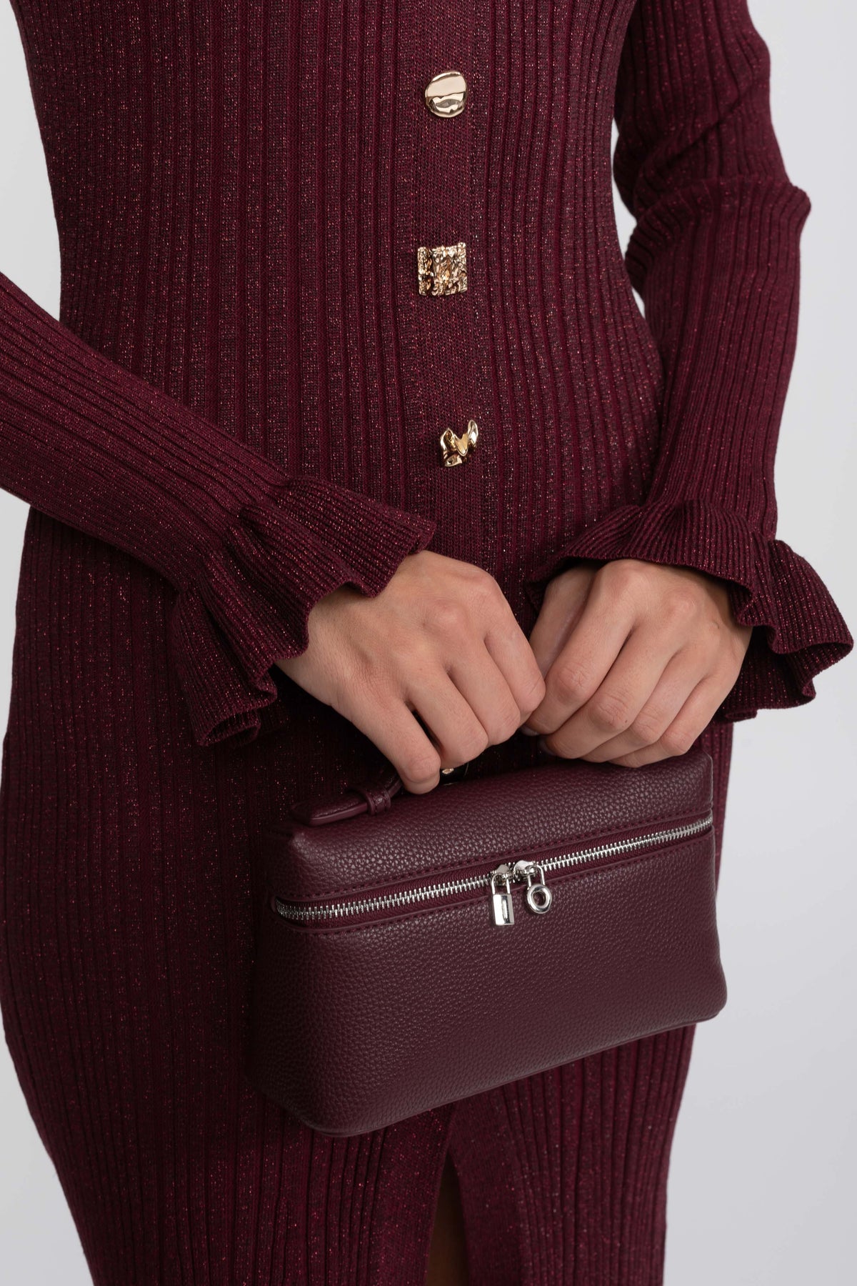Sixtine Burgundy V-Neck Button-Front Ribbed Knit Maxi Dress With Ruffle Cuffs