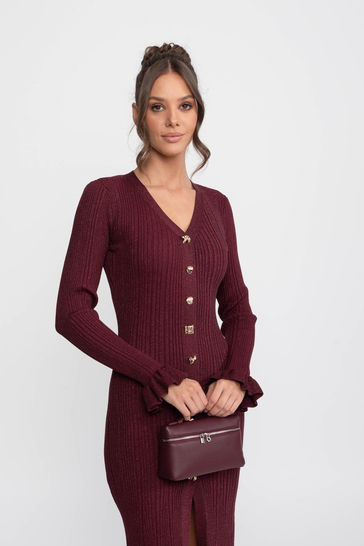 Sixtine Burgundy V-Neck Button-Front Ribbed Knit Maxi Dress With Ruffle Cuffs