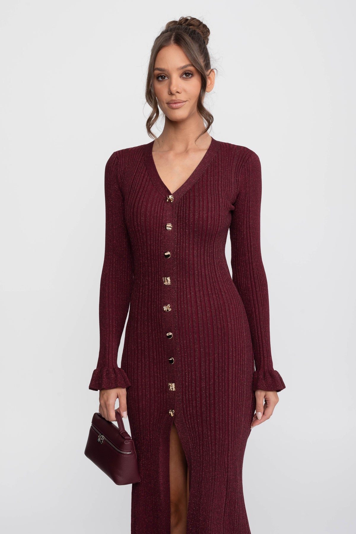 Sixtine Burgundy V-Neck Button-Front Ribbed Knit Maxi Dress With Ruffle Cuffs