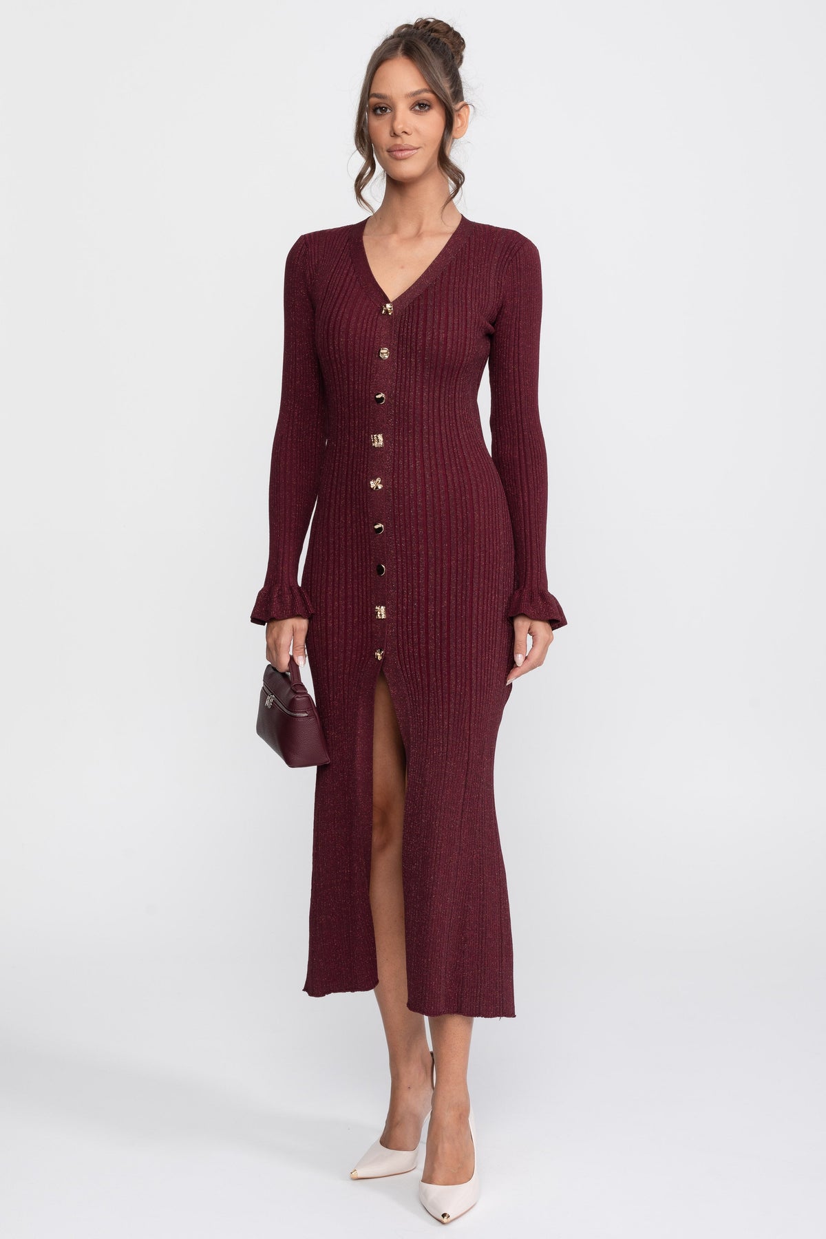 Sixtine Burgundy V-Neck Button-Front Ribbed Knit Maxi Dress With Ruffle Cuffs