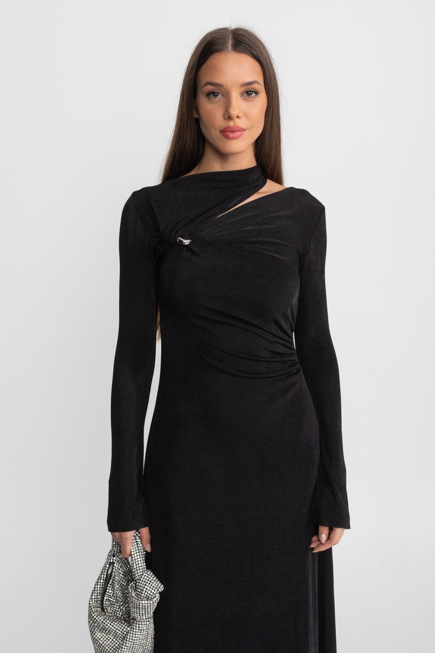 Draped Maxi Dress with Cut-Out and Elegant Detail - Black