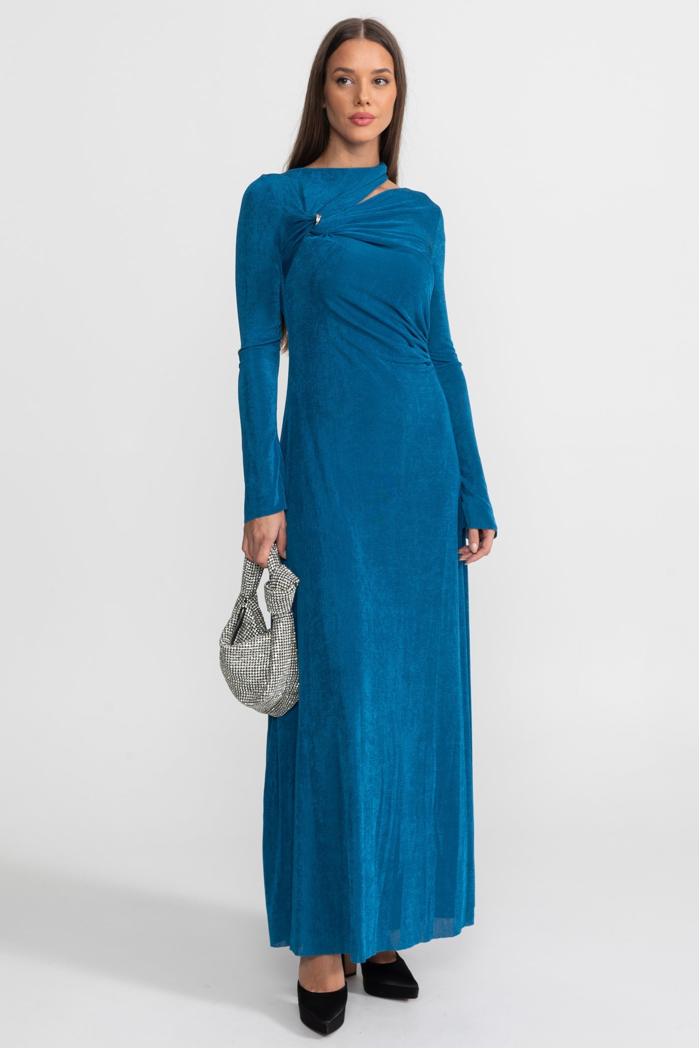 Draped Maxi Dress with Cut-Out and Elegant Detail - Teal